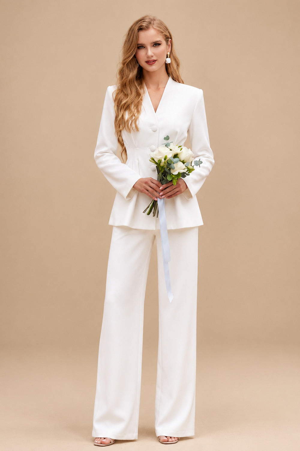 Rutipo Ivory Jumpsuit/Pantsuit V-Neck Long Sleeves Floor-Length Elastic Satin Wedding Dresses