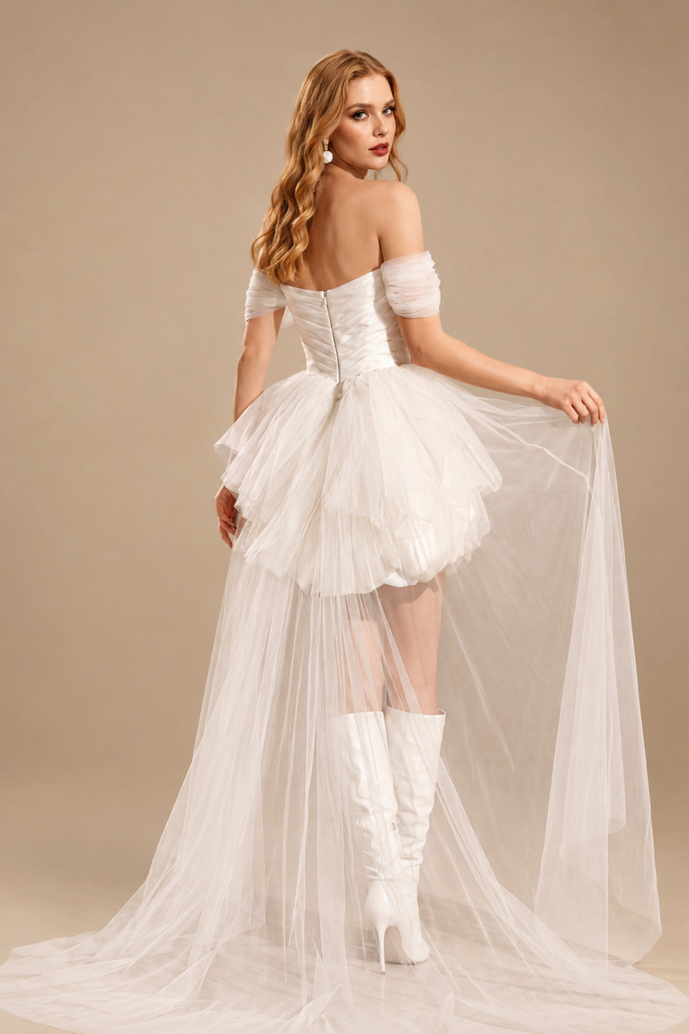 Rutipo Ivory A-Line Off-The-Shoulder Sleeveless Short/Mini Tulle/Taffeta Wedding Dresses