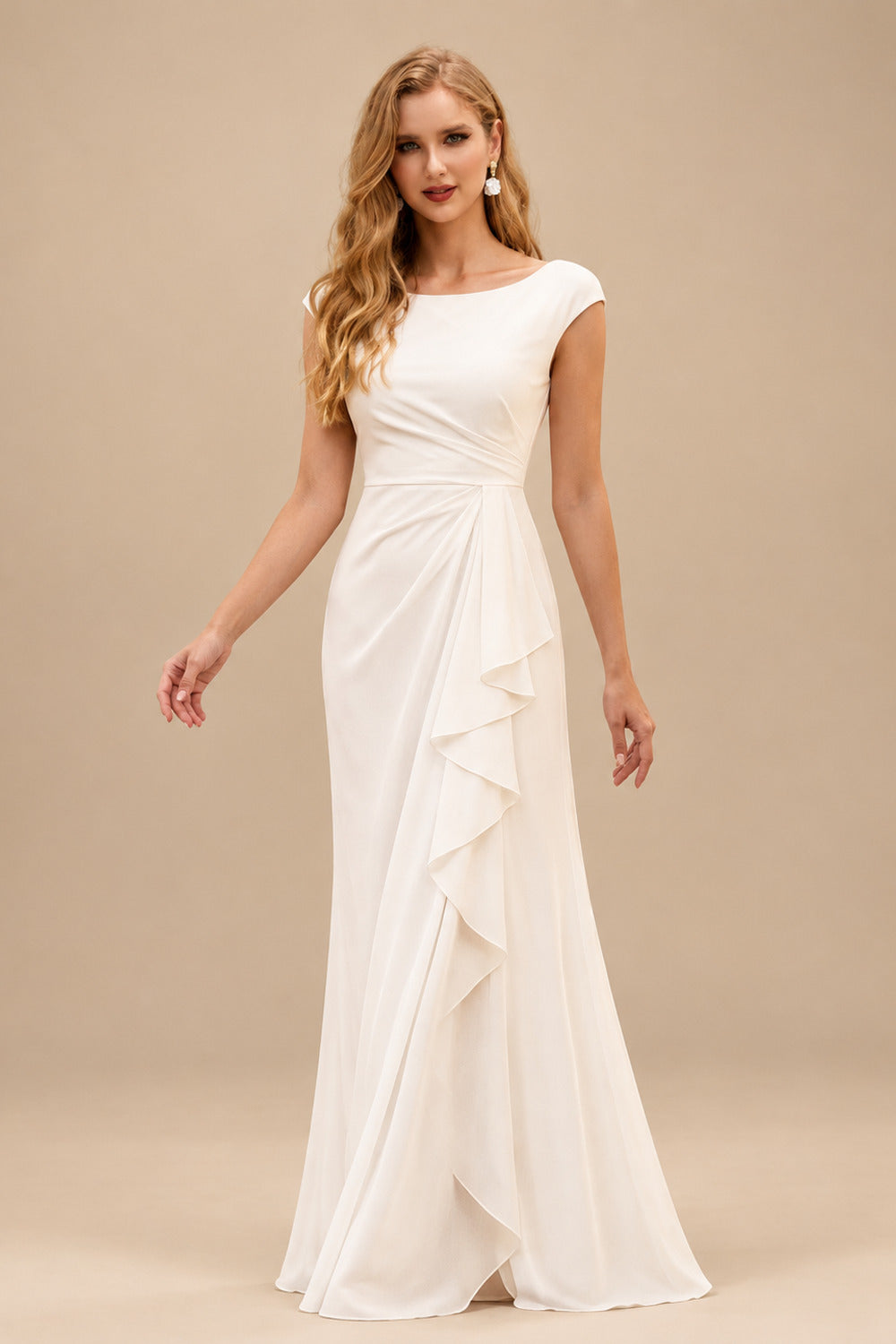 Rutipo Ivory Sheath/Column Scoop Neck Sleeveless Floor-Length Chiffon Wedding Dresses With Ruffle/High Split