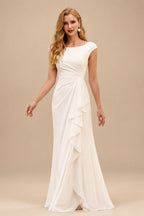 Rutipo Ivory Sheath/Column Scoop Neck Sleeveless Floor-Length Chiffon Wedding Dresses With Ruffle/High Split