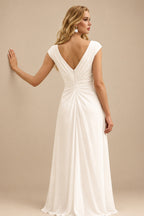 Rutipo Ivory Sheath/Column Scoop Neck Sleeveless Floor-Length Chiffon Wedding Dresses With Ruffle/High Split