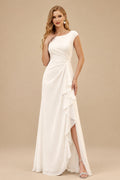 Rutipo Ivory Sheath/Column Scoop Neck Sleeveless Floor-Length Chiffon Wedding Dresses With Ruffle/High Split