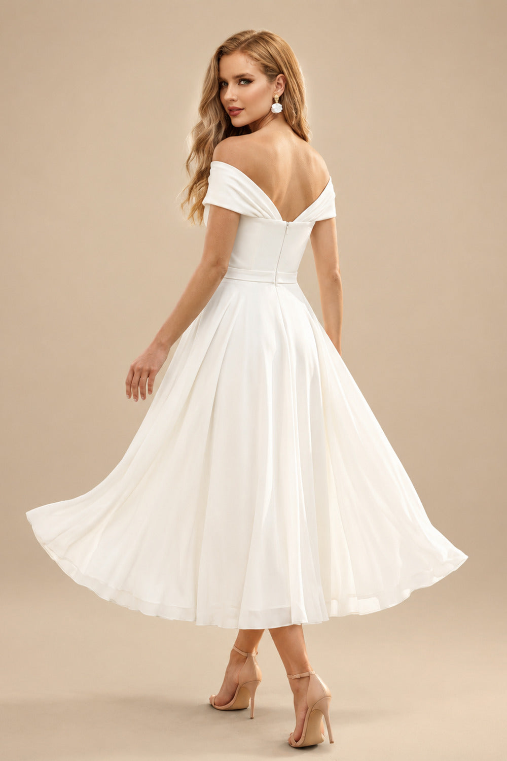 Rutipo Ivory Elegant A-Line Off-The-Shoulder Sleeveless Tea-Length Chiffon Wedding Dresses