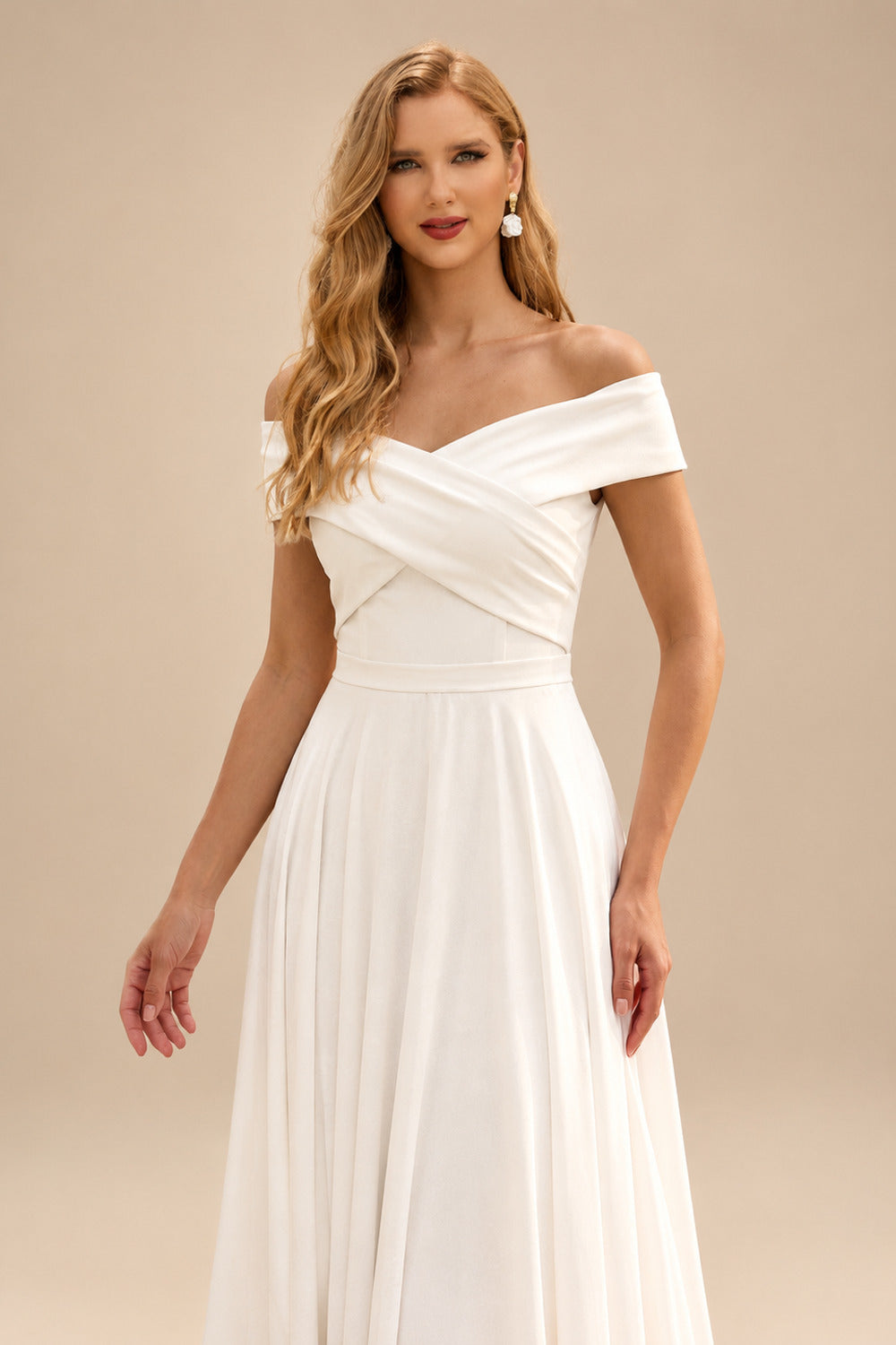 Rutipo Ivory Elegant A-Line Off-The-Shoulder Sleeveless Tea-Length Chiffon Wedding Dresses