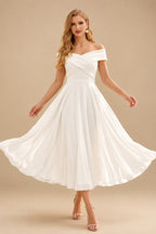 Rutipo Ivory Elegant A-Line Off-The-Shoulder Sleeveless Tea-Length Chiffon Wedding Dresses