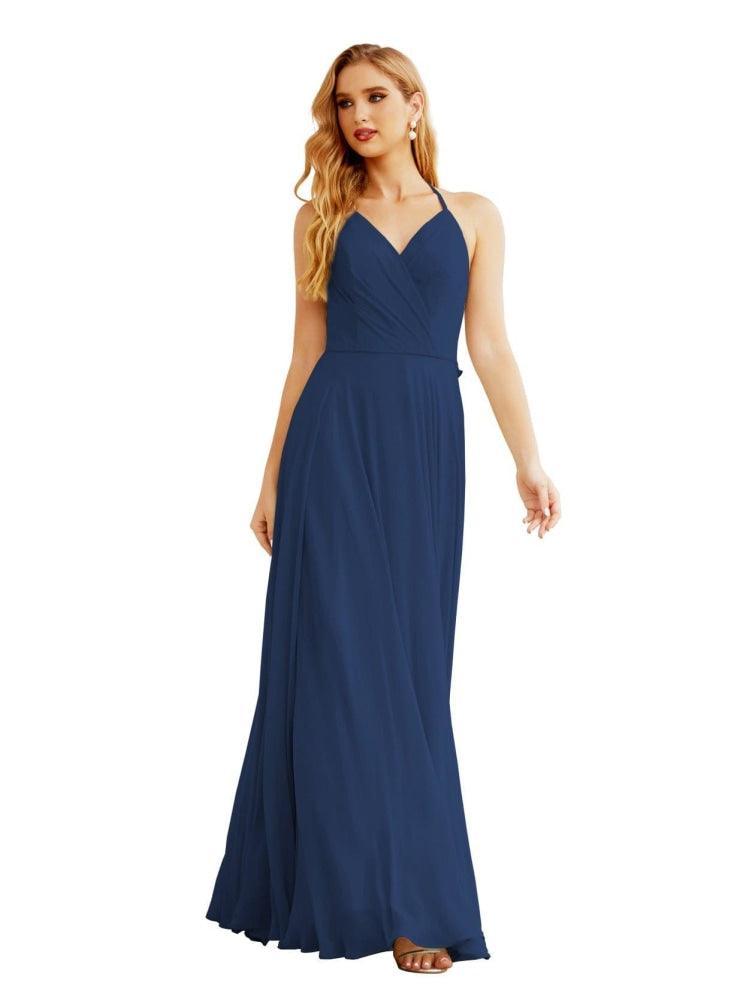 Women's Halter Chiffon Bridesmaid Dresses Wedding Apparel Long Sleeveless Formal Prom Dress with Ruffled Back SEA28035