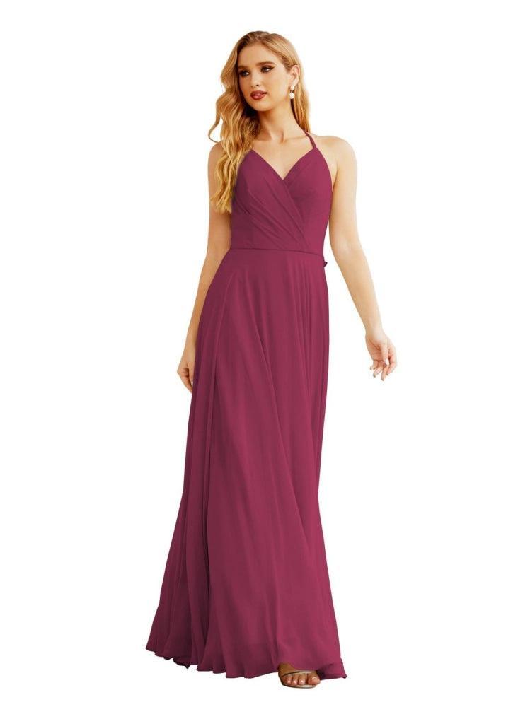 Women's Halter Chiffon Bridesmaid Dresses Wedding Apparel Long Sleeveless Formal Prom Dress with Ruffled Back SEA28035