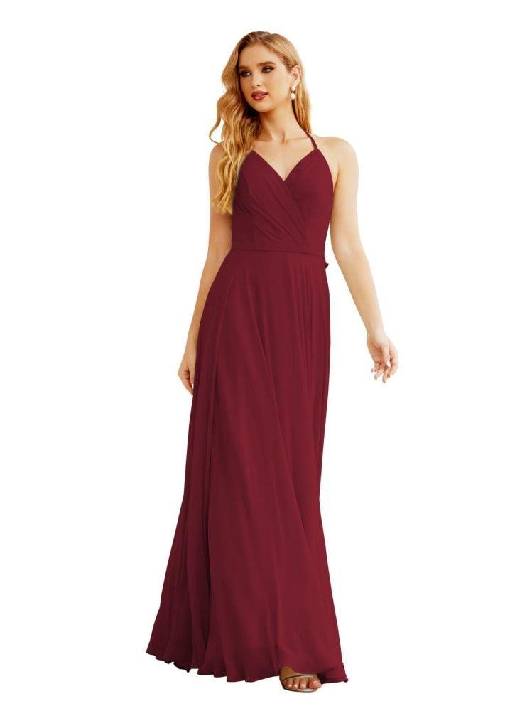 Women's Halter Chiffon Bridesmaid Dresses Wedding Apparel Long Sleeveless Formal Prom Dress with Ruffled Back SEA28035