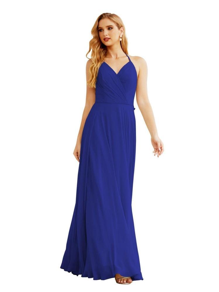 Women's Halter Chiffon Bridesmaid Dresses Wedding Apparel Long Sleeveless Formal Prom Dress with Ruffled Back SEA28035