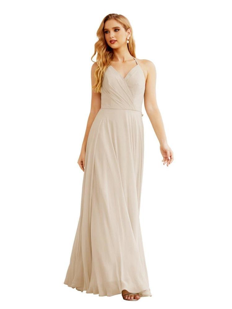 Women's Halter Chiffon Bridesmaid Dresses Wedding Apparel Long Sleeveless Formal Prom Dress with Ruffled Back SEA28035