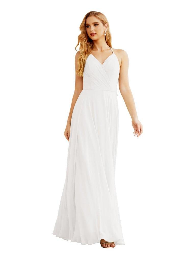 Women's Halter Chiffon Bridesmaid Dresses Wedding Apparel Long Sleeveless Formal Prom Dress with Ruffled Back SEA28035