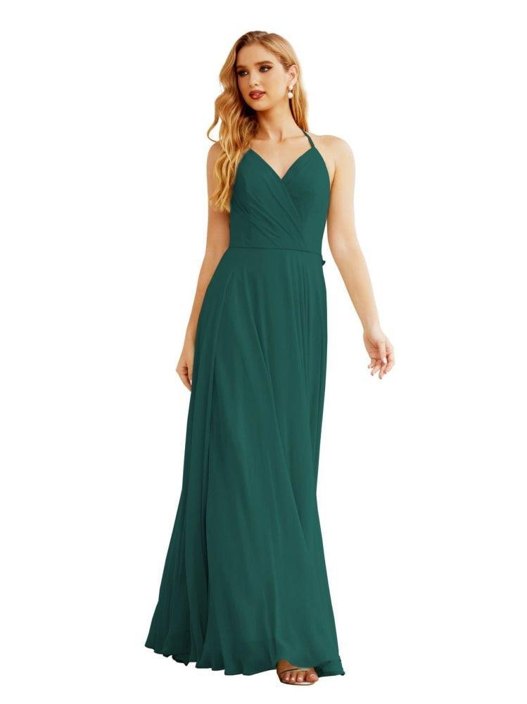 Women's Halter Chiffon Bridesmaid Dresses Wedding Apparel Long Sleeveless Formal Prom Dress with Ruffled Back SEA28035