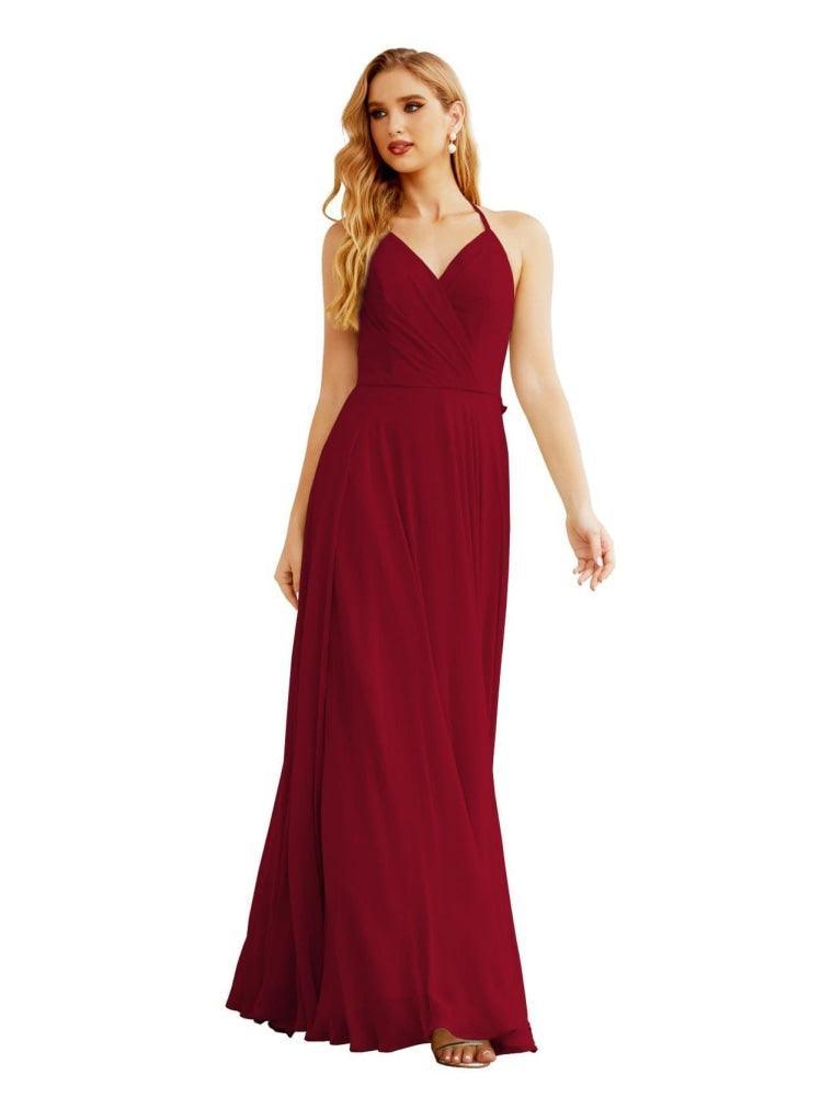Women's Halter Chiffon Bridesmaid Dresses Wedding Apparel Long Sleeveless Formal Prom Dress with Ruffled Back SEA28035