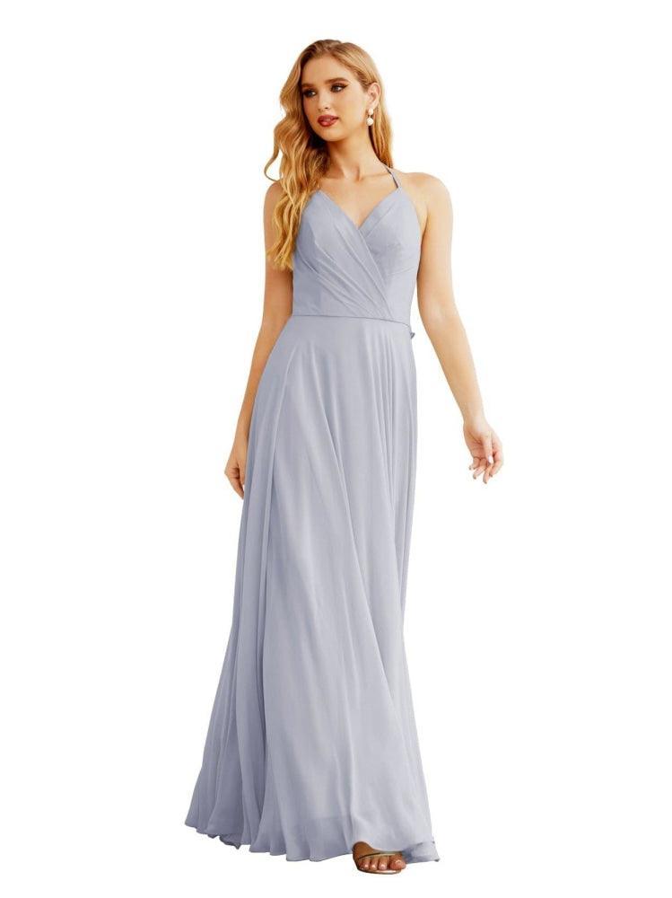Women's Halter Chiffon Bridesmaid Dresses Wedding Apparel Long Sleeveless Formal Prom Dress with Ruffled Back SEA28035
