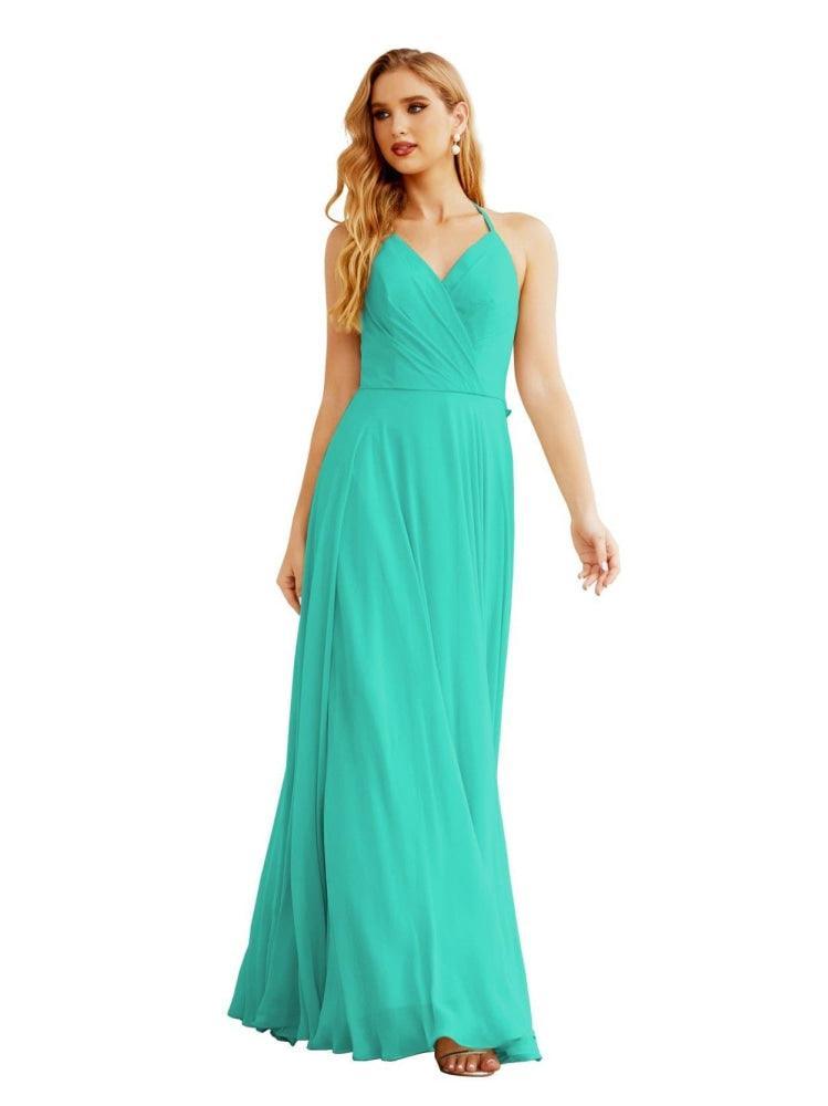 Women's Halter Chiffon Bridesmaid Dresses Wedding Apparel Long Sleeveless Formal Prom Dress with Ruffled Back SEA28035