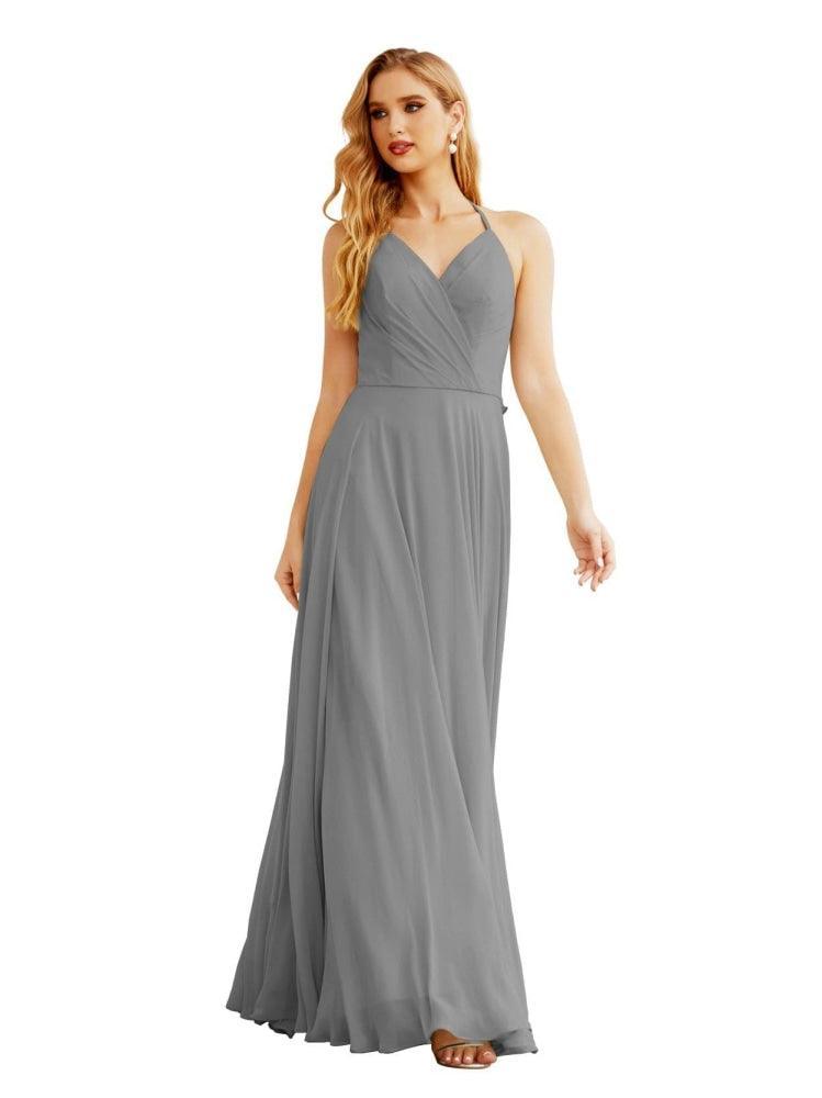 Women's Halter Chiffon Bridesmaid Dresses Wedding Apparel Long Sleeveless Formal Prom Dress with Ruffled Back SEA28035