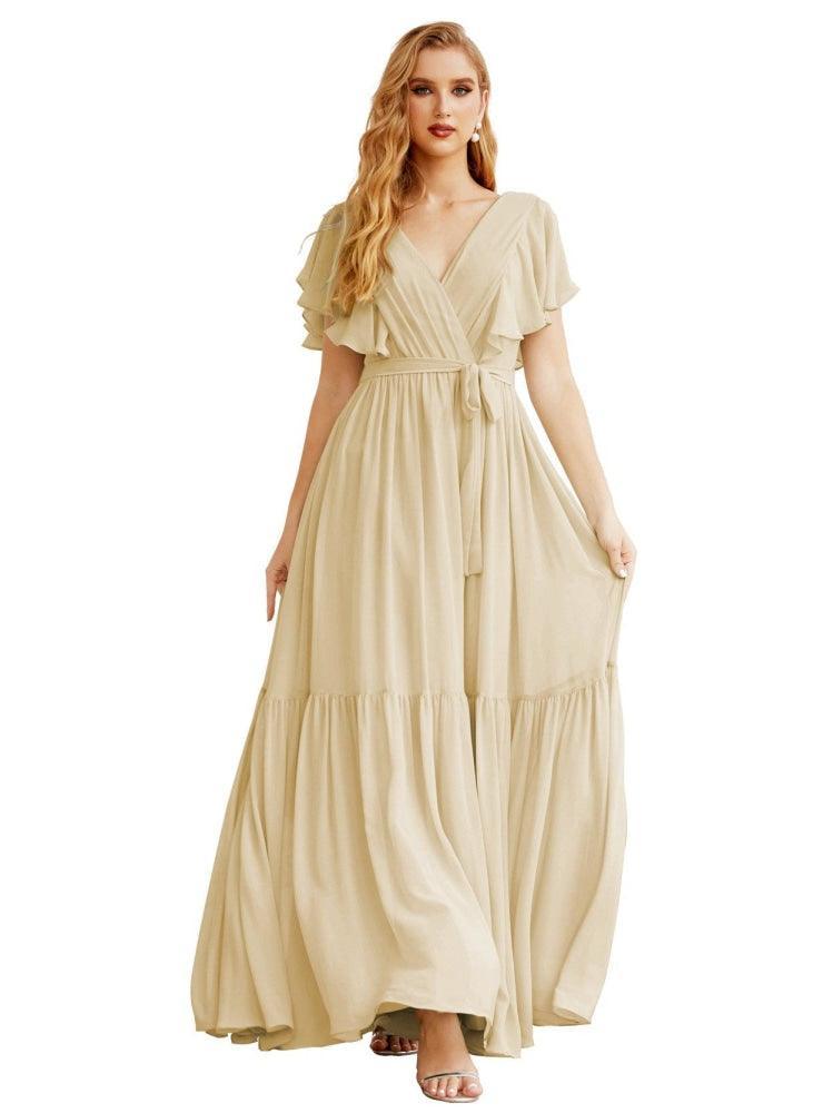Women's Open Back Formal Evening Party Prom Gowns V-Neck Long Chiffon Bridesmaid Dresses with Waist Belt SEA28038